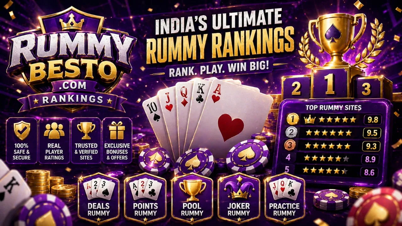 RummyBesto leaderboard slide — deep purple gradient, gold rank accents, high-contrast headlines, abstract cards, no download text